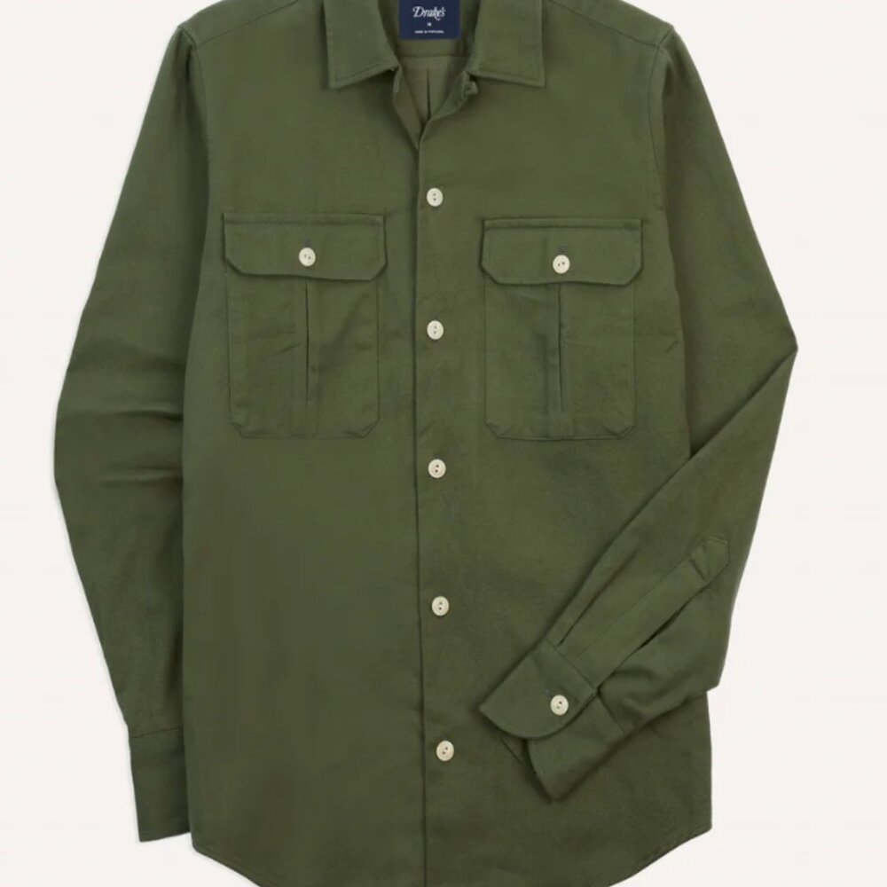 Drakes - Olive Brushed Cotton Twill Two-Pocket Camp Collar Work Shirt - Size S